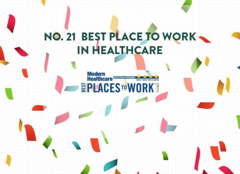 No. 21 Best Place to Work in Healthcare Award graphic with colorful confetti