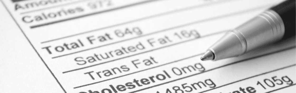 Nutrition facts label listing total fat, saturated fat, trans fat, cholesterol and other nutrients