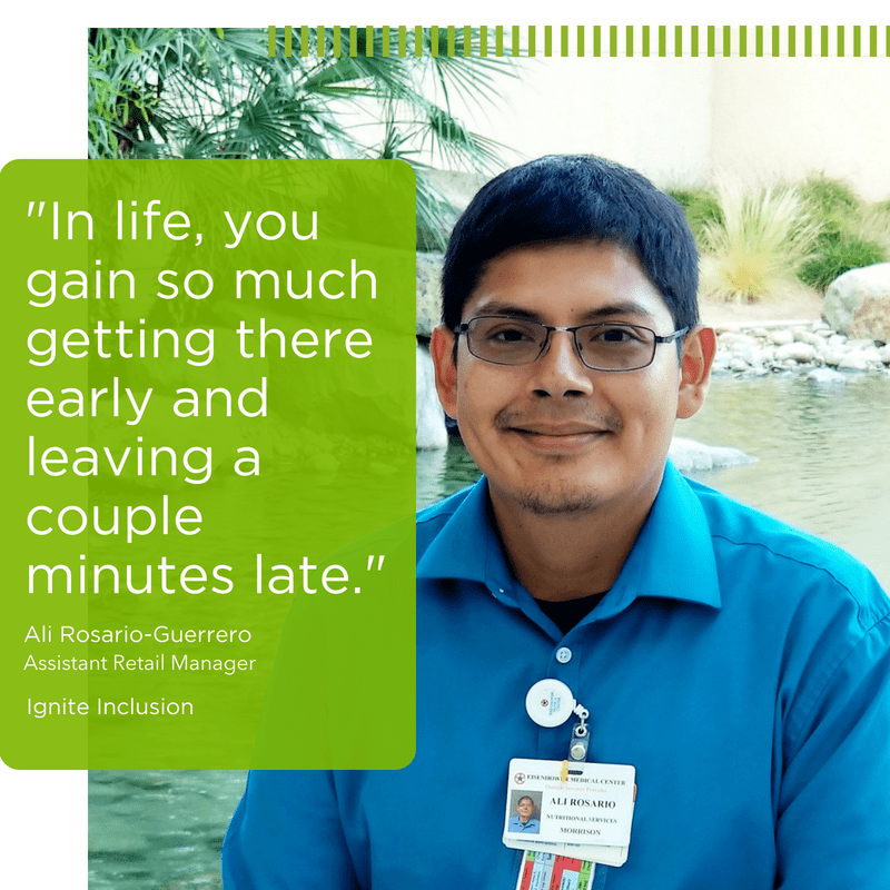 Morrison Healthcare assistant retail manager smiling by pond, quote on gaining by arriving early