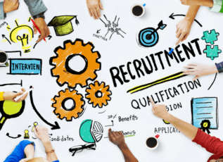 Recruitment and qualification concept - business team meeting with charts and gears