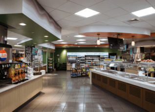 Cafeteria with food service line and seating area in healthcare setting