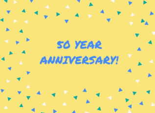 Morrison Healthcare 50 year anniversary celebration graphic with colorful triangles on yellow background