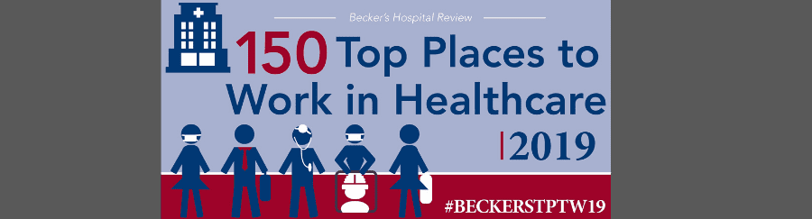 150 Top Places to Work in Healthcare 2019 graphic with hospital icon and people figures