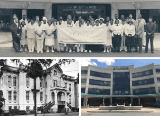Black and white photo of cafeteria staff in front of a historic building with green awning