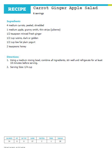 Carrot Ginger Apple Salad recipe card with ingredients, directions, and serving size