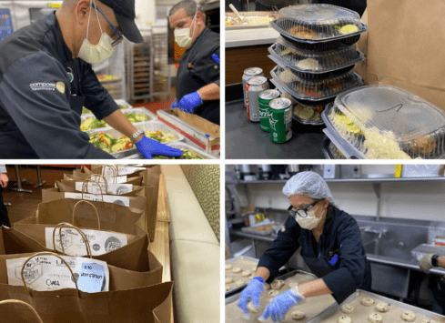 Morrison Healthcare associates preparing meals and packaging food in a commercial kitchen setting
