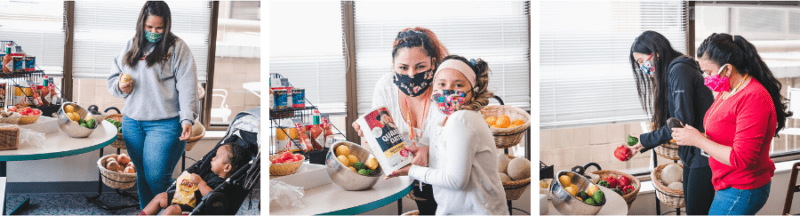 Morrison Healthcare associates wearing masks while preparing fresh fruit salads in a kitchen setting