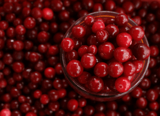 Fresh cranberries in a glass bowl on a bed of more cranberries