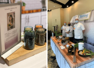 Virtually Celebrity Chef Ball with jars of ingredients and chefs preparing food in a teaching kitchen