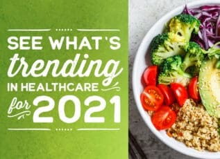 Trendy 2021 healthcare food bowl with broccoli, tomatoes and quinoa on green background