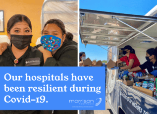 Morrison Healthcare employees in masks assisting at hospital food stand during Covid-19 pandemic
