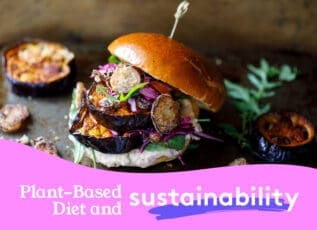Sustainable plant-based burger with mushroom patty, fresh vegetables, and garnish on wooden board