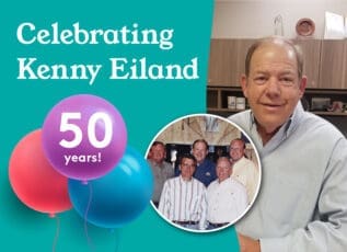 Celebrating Kenny Eiland's 50 years of service with group photo and text overlay on teal background