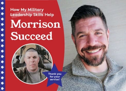 Military leadership skills help Morrison succeed, featuring smiling man in gray jacket