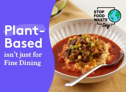 Plant-based meal with mushrooms and vegetables over mashed potatoes for Stop Food Waste Day