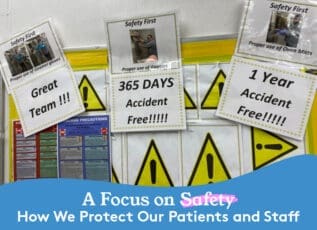 Safety signs celebrating 365 days accident-free and promoting proper use of oven mitts and goggles