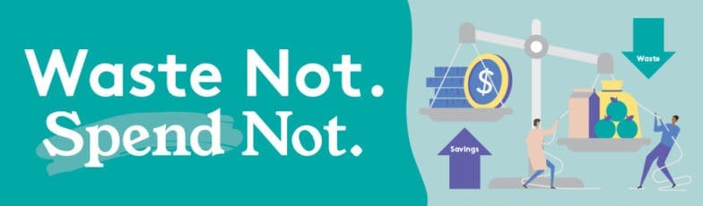 Waste not, spend not illustration with money scale, savings and waste bins