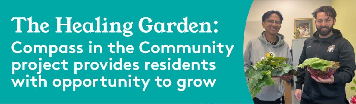 Two smiling men holding vegetables, part of the Healing Garden community project for resident growth