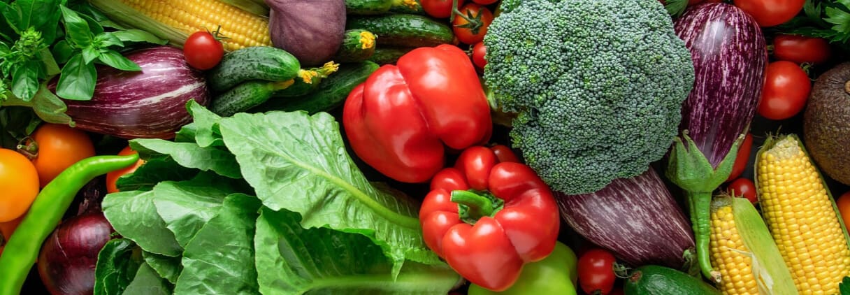 Colorful fresh vegetables including lettuce, broccoli, tomatoes, corn, peppers, and eggplant