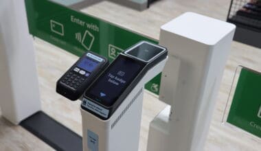 Tap badge pay machine for cashless payment at Morrison Healthcare facility