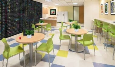 Vibrant modern hospital cafeteria with green chairs, round tables, and colorful wall art