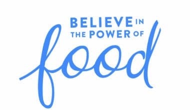 Believe in the power of food - motivational quote in blue text on white background