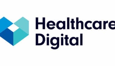 Healthcare Digital logo - blue and teal abstract geometric heart shape icon with text on white background