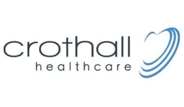 Crothall Healthcare logo in black text with blue curved lines forming a heart shape