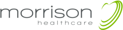 Morrison Healthcare logo in green and gray with swoosh design element