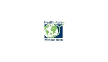 Healthcare Without Harm logo featuring globe and stethoscope in square frame