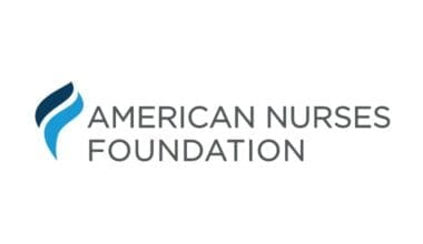 American Nurses Foundation logo with blue curved shape on white background