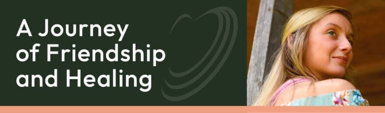 Young blonde woman looking away against dark green background with text 