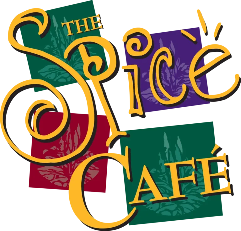 The Spice Cafe colorful stylized logo with intricate floral designs in red, green, purple, and yellow