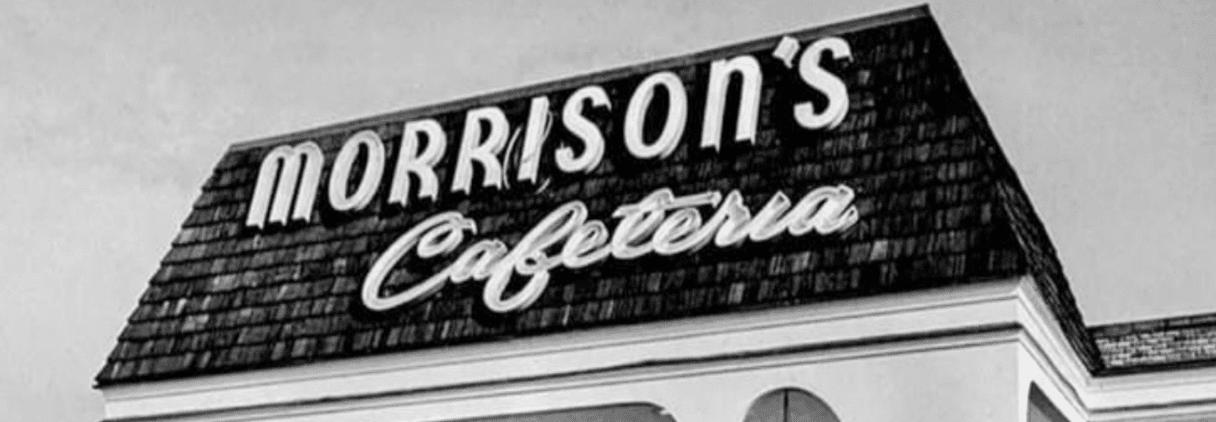 Morrison's Cafeteria black and white sign on building roof