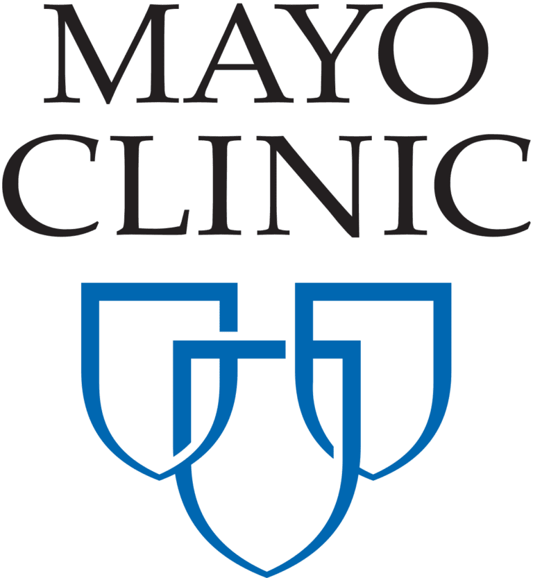 Mayo Clinic logo with black text and blue shield shape