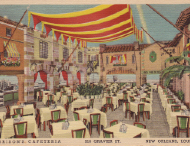 Vintage postcard of Antoine's Cafeteria in New Orleans with festive awnings and outdoor dining