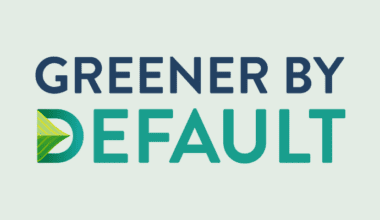 Greener by Default logo - green leaf icon next to blue text on light gray background