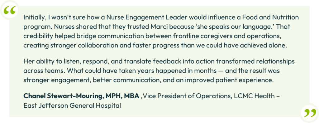 Initially, I wasn’t sure how a Nurse Engagement Leader would influence a Food and Nutrition
program.Nurses shared that they trusted Marci because ‘she speaks our language.’ That credibility
helped bridge communication between frontline caregivers and operations, creating stronger
collaboration and faster progress than we could have achieved alone.
Her ability to listen, respond, and translate feedback into action transformed relationships
across teams. What could have taken years happened in months — and the result was stronger
engagement, better communication, and an improved patient experience.
- Chanel Stewart-Mouring, MPH, MBA ,Vice President of Operations, LCMC Health –
East Jefferson General Hospital