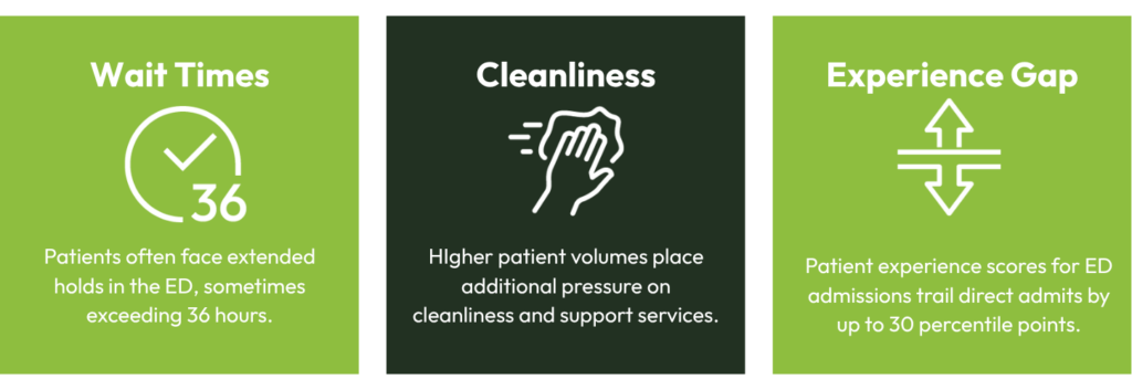 Key Pain Points • Wait Times: Patients often face extended holds in the ED, sometimes exceeding 36 hours. • Cleanliness: ED cleanliness scores drop as patient volumes increase, highlighting operational strain. • Experience Gap: Patient experience scores for ED admissions trail direct admits by up to 30 percentile points.